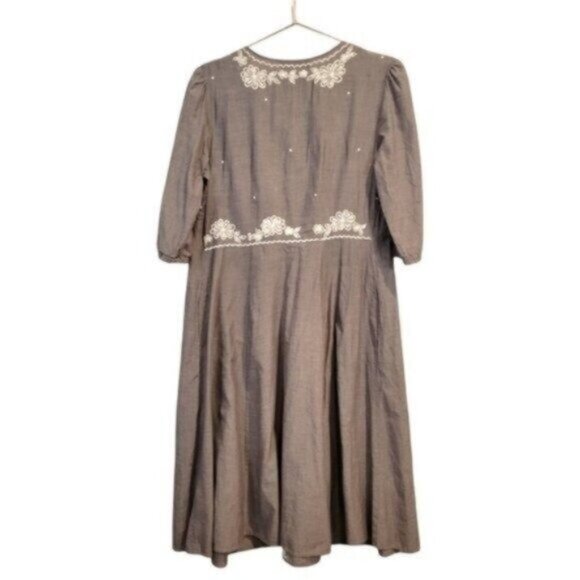 eShakti | Floral Embroidered Midi Half Sleeve V Neck Cotton Dress Gray - Picture 2 of 10
